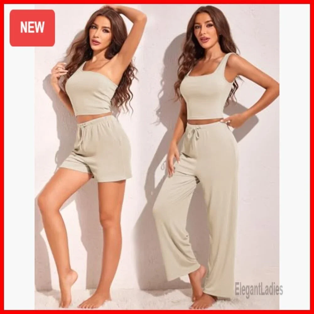 4 Piece Lounge Set Ribbed Knit Crop Tops Shorts Pants Casual Outfit